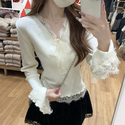 v领蕾丝蝴蝶结喇叭袖针织衫女春气质内搭打底毛衣高级感修身上衣