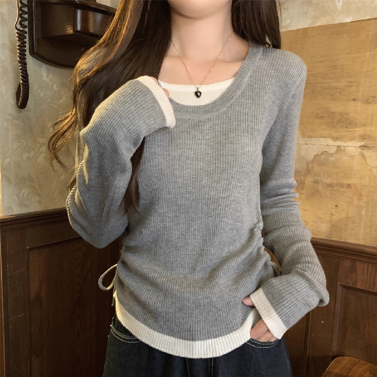 2026年春季女装韩版气质撞色U领抽绳假两件针织打底衫长袖上衣潮