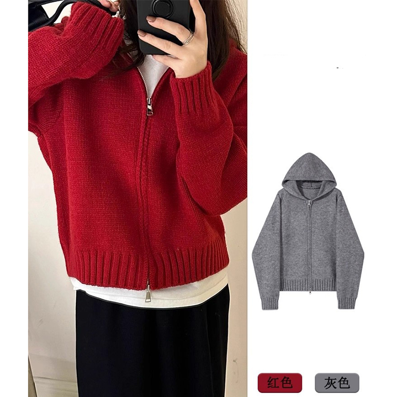 连帽卫衣女本命年衣服洋气独特别致上衣打底红色针织开衫外套毛衣