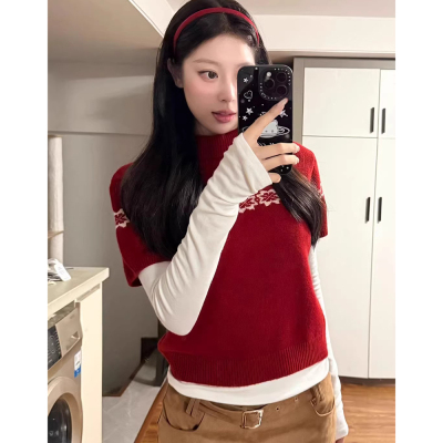 圣诞氛围感穿搭红色短袖针织衫女秋冬叠穿宽松慵懒半高领毛衣上衣