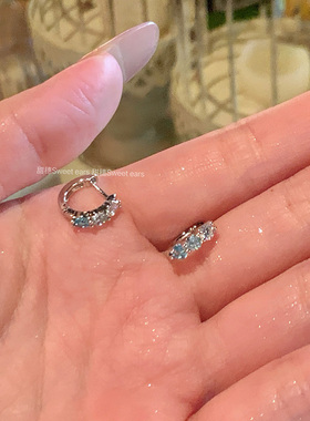 蓝色锆石直扣耳圈钛钢养耳洞双耳洞叠戴素圈耳扣耳钉精致小众耳环