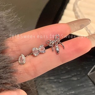 粉色锆石芭蕾风蝴蝶结耳骨钉睡觉免摘钛钢甜美水滴耳蜗钉耳钉女