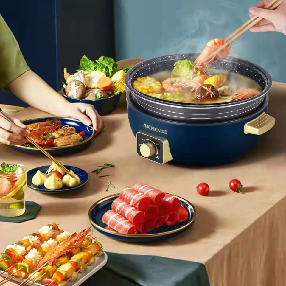 爱妻电火锅锅家用多功能鸳鸯分体容量电炒菜锅电煎锅电煮锅6L式大