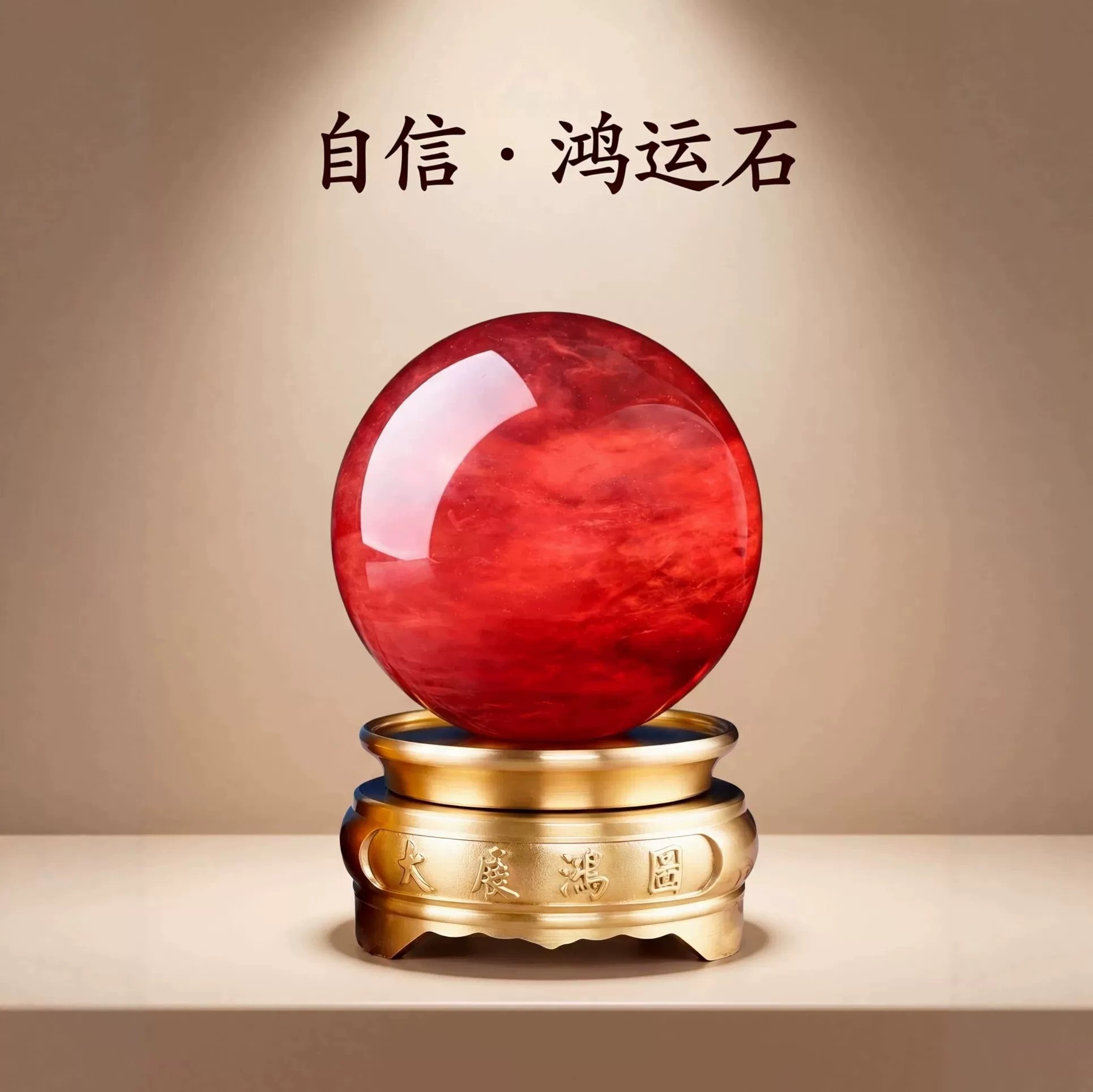 天然红色水晶球朱砂红吉祥珠高档鸿运球领导办公室铜底座装饰摆件