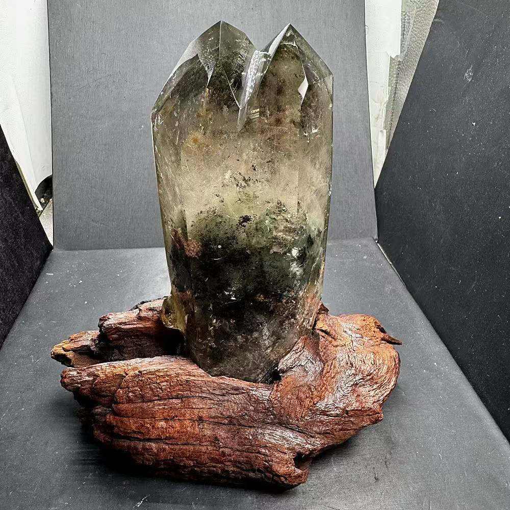 绿幽灵水晶柱摆件 天然幽灵水晶原石打磨 双尖柱 晶体透