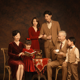 影楼工作室中式古典全家福亲子照摄影样片样版S831