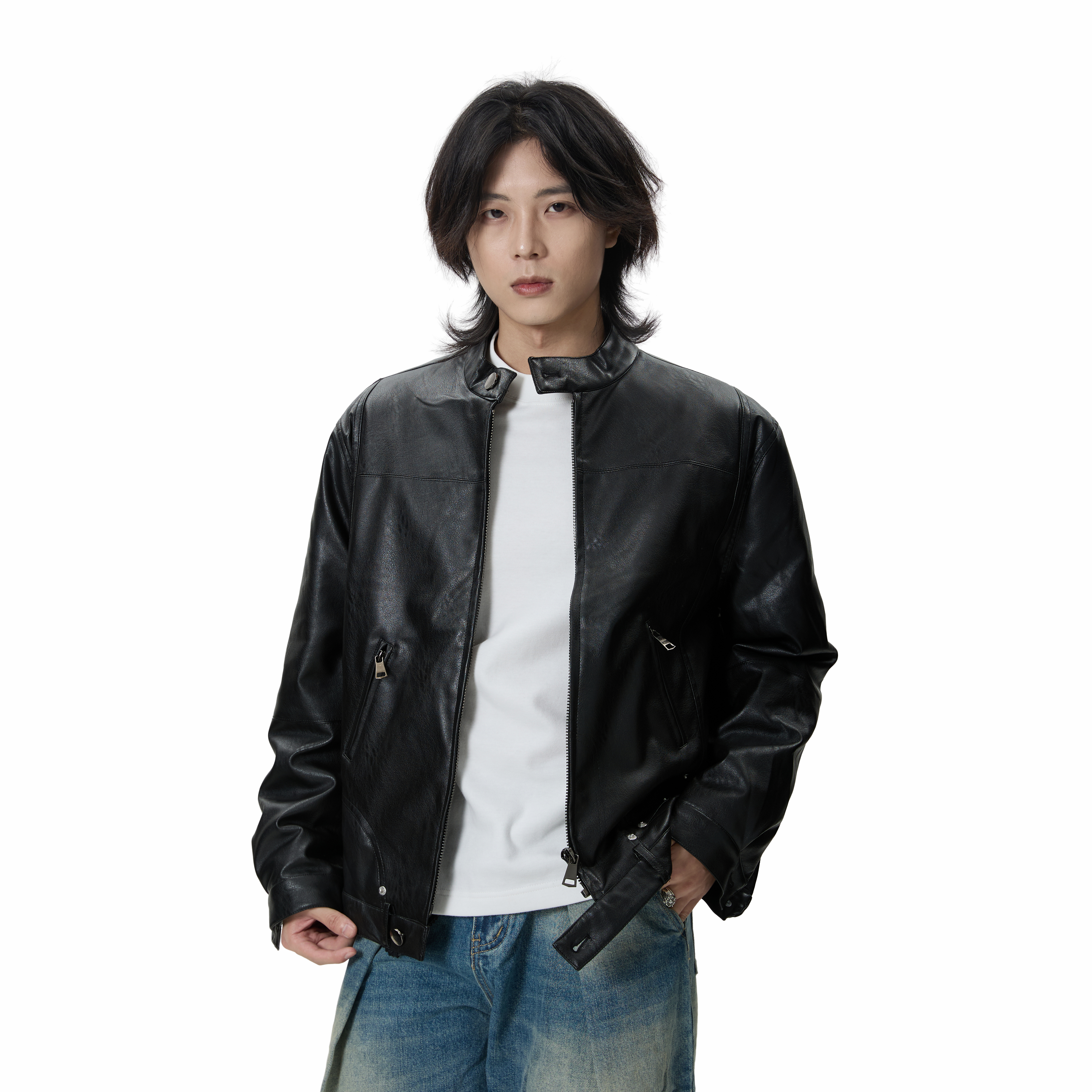 复古机车风立领皮衣夹克