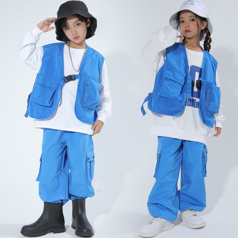 儿童演出服嘻哈少儿架子鼓表演服蓝色马甲爵士舞蹈演出服街舞套装