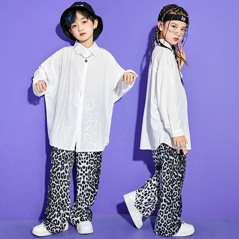 儿童街舞潮服嘻哈舞蹈演出服男女童衬衫套装hiphop表演服豹纹长裤