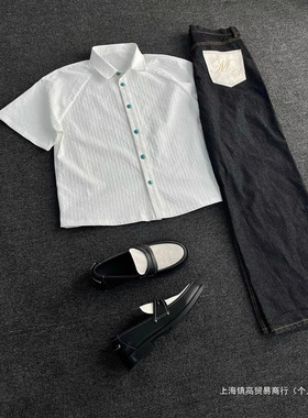 白色肌理感绿松石短袖衬衫男夏季cleanfit轻奢感痞帅学生衬衣