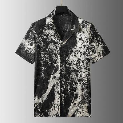 胖佬2025夏季古巴领短袖花衬衫男加肥加大码宽松休闲港风痞帅