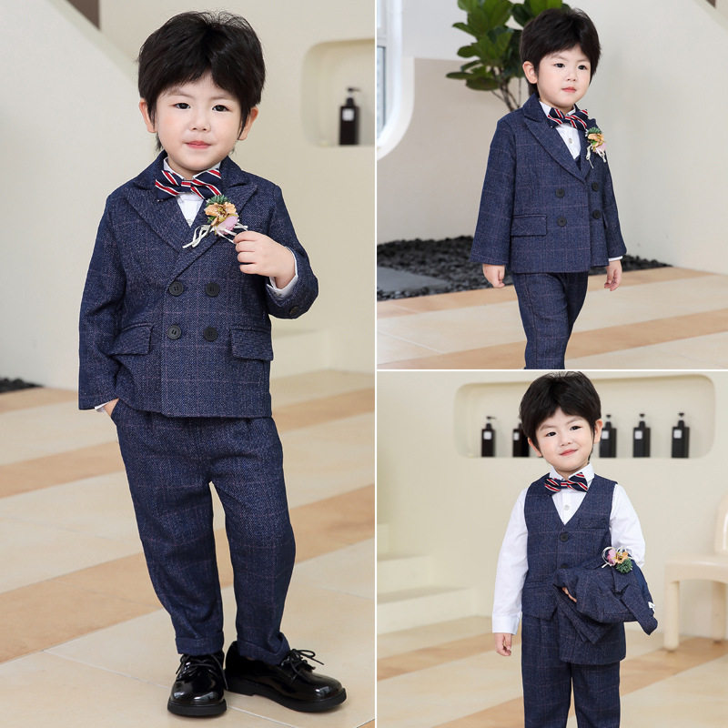 2023儿童小西装礼服格子三件套花童表演服男孩帅气小西服小主持人
