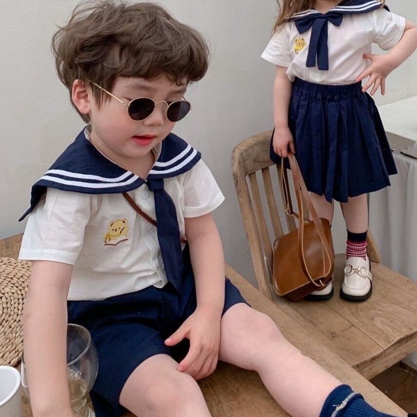 男女童夏季套装宝宝洋气儿童个性潮网红海军学院风表演校服两件套
