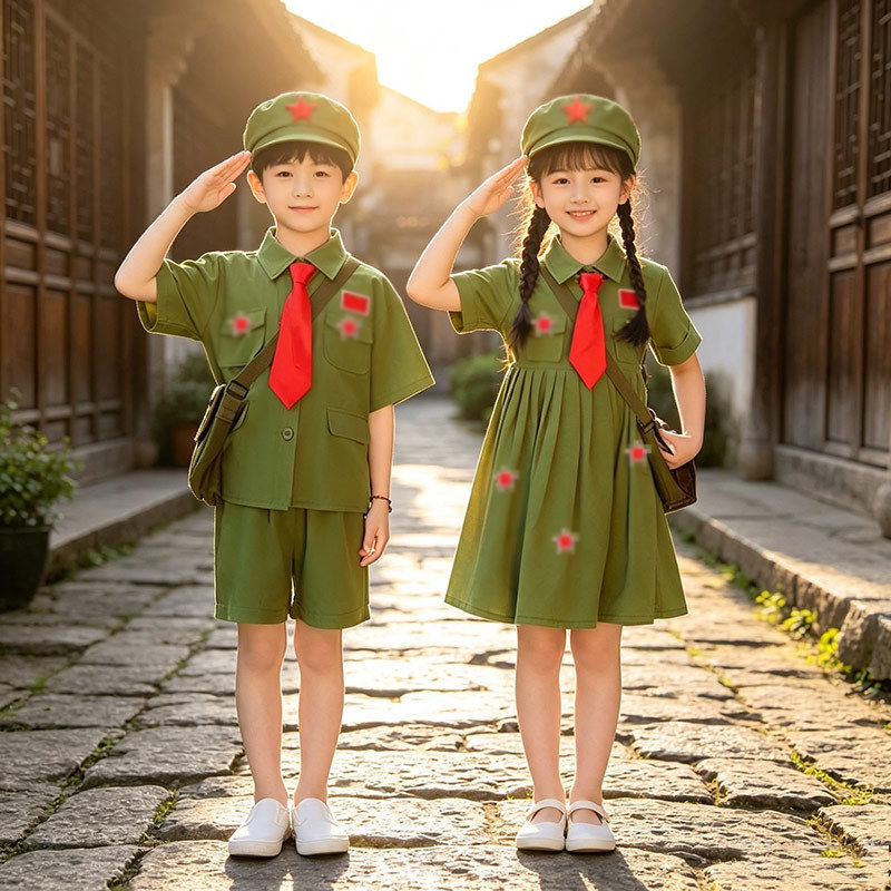 儿童小红军演出服夏短袖幼儿园闪闪红星八路军表演服学习雷锋套装