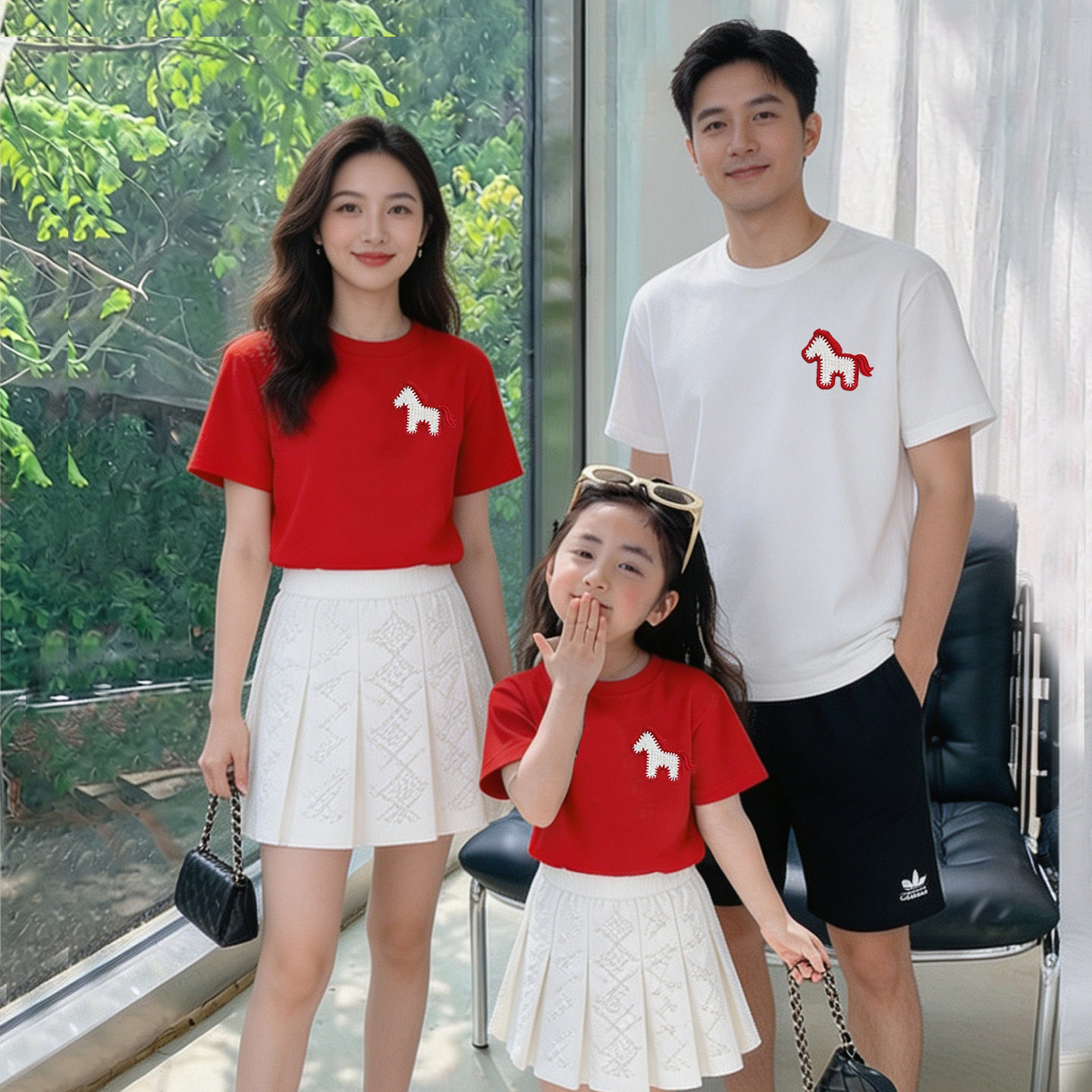 2026刺绣小马亲子装儿童红色T恤男女童纯棉短袖上衣幼儿园表演服