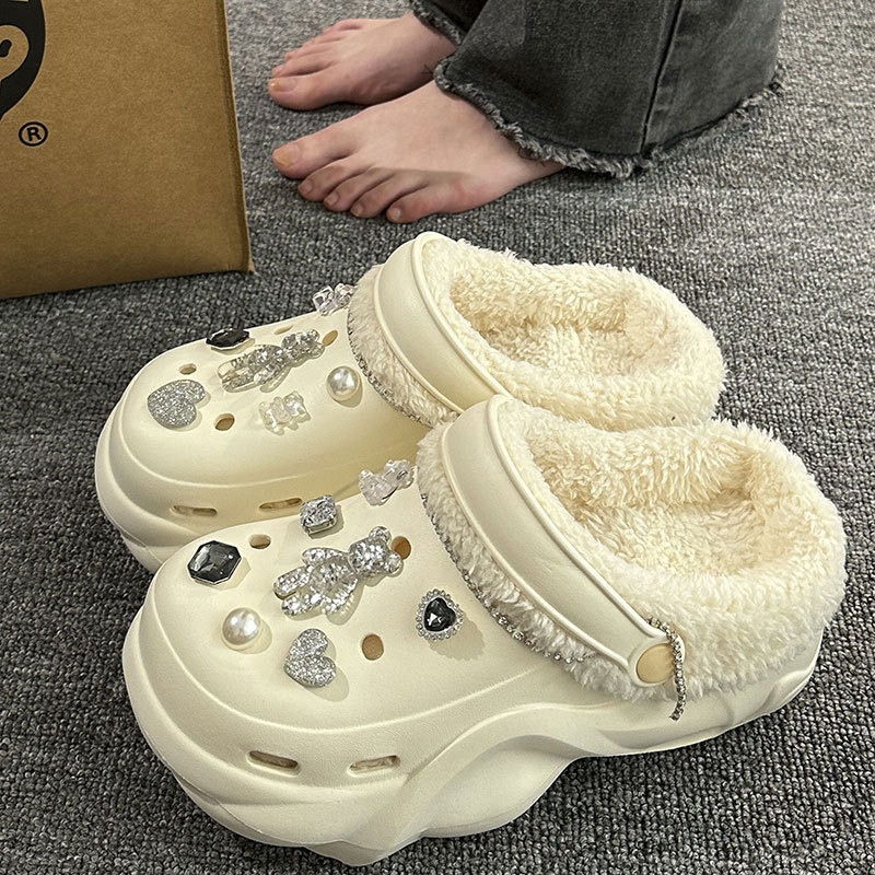 加绒厚底棉拖鞋女秋冬新款外穿增高保暖可拆卸卡通DIY洞洞鞋冬天