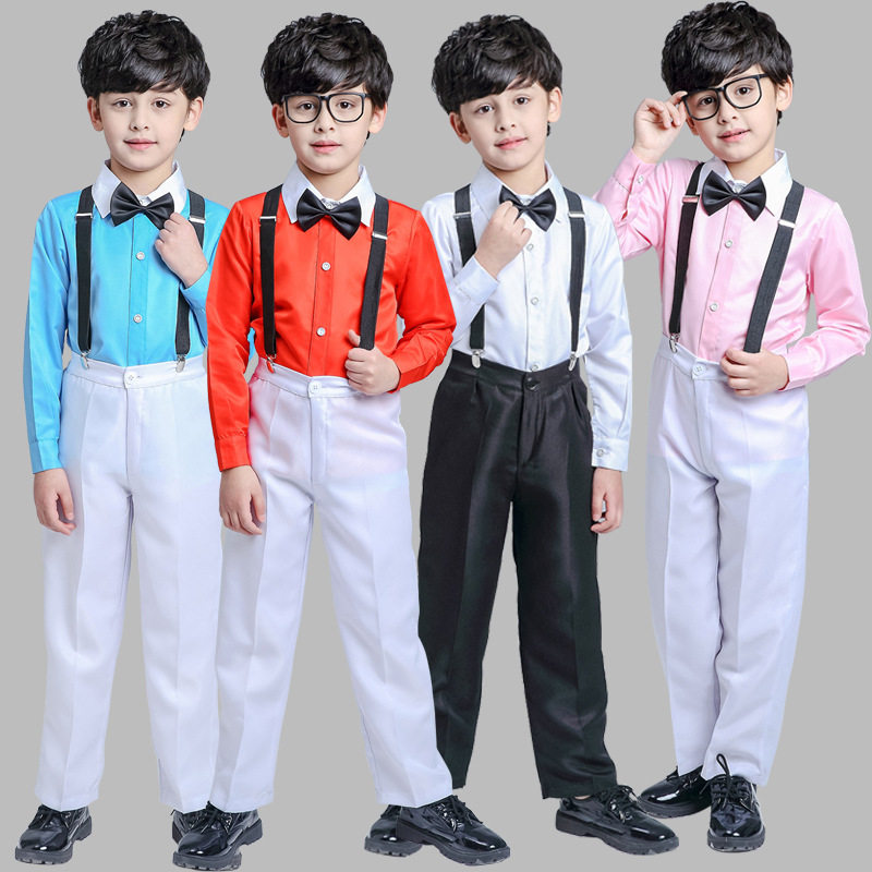 新款儿童演出服男童背带裤主持人礼服小学生大合唱服朗诵表演服装