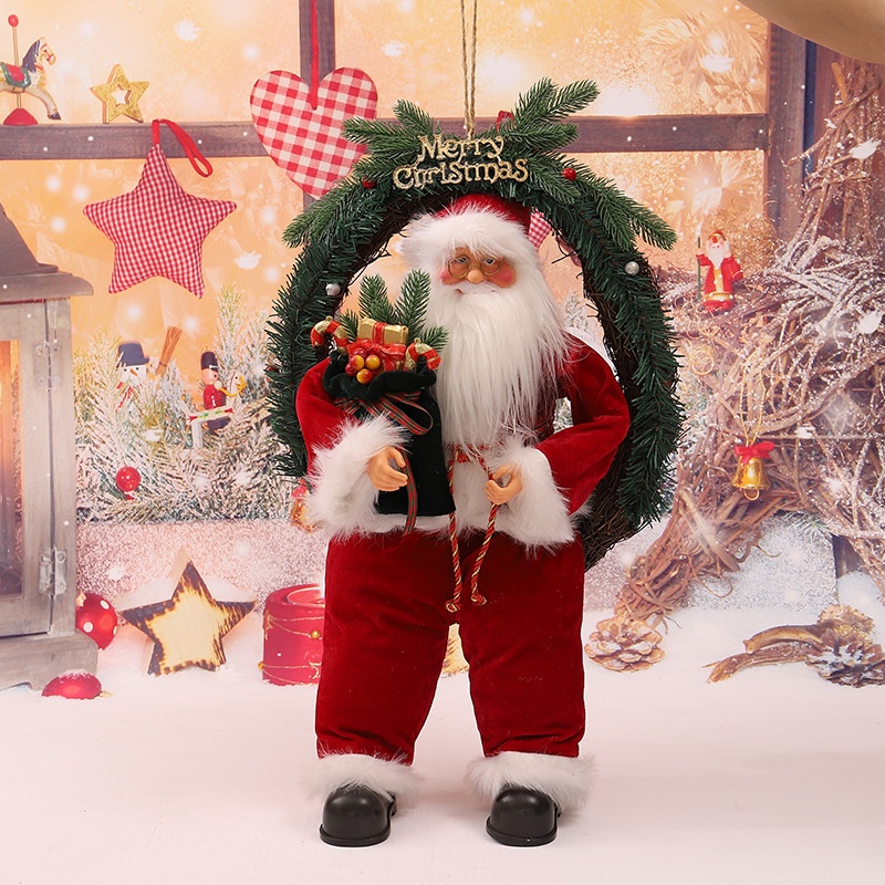 速卖通热销新款圣诞节毛绒娃娃圣诞老人背礼物篓公仔玩偶橱窗摆件