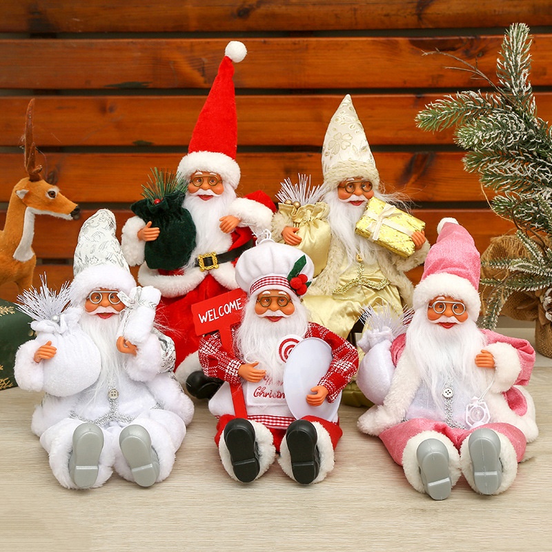 跨境新款圣诞节装饰品12寸侏儒坐姿老人公仔硅胶圣诞老人挂腿摆件