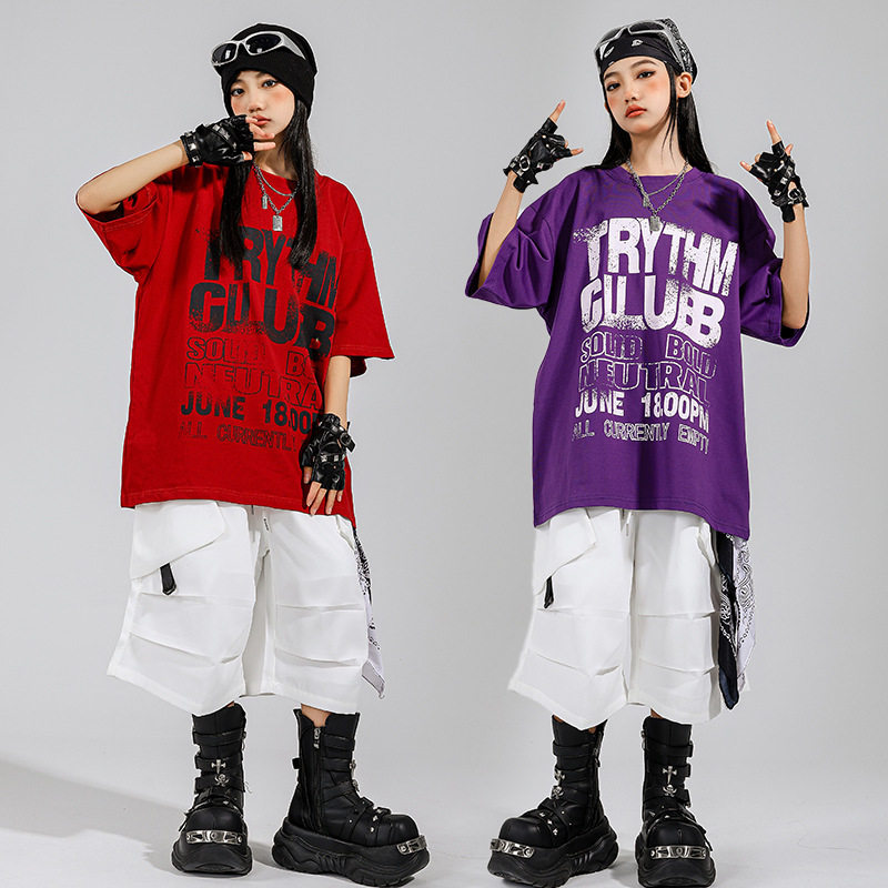 儿童街舞潮服hiphop炸街时髦演出服装少儿嘻哈字母短袖美式表演服