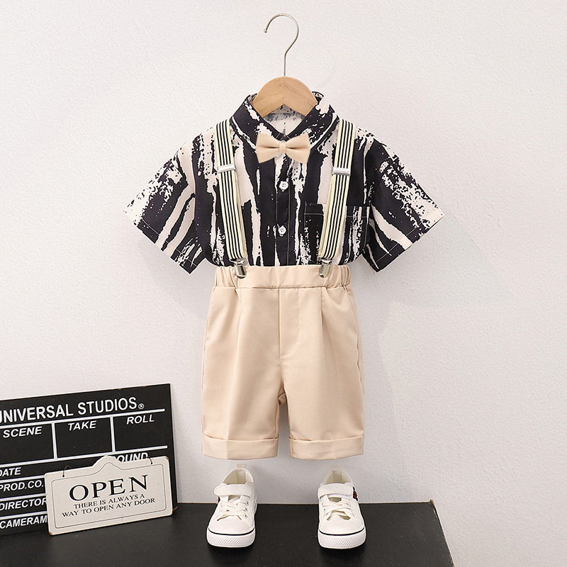男童短袖条纹衬衫背带裤儿童套装新款礼服六一儿童节演出服表演服