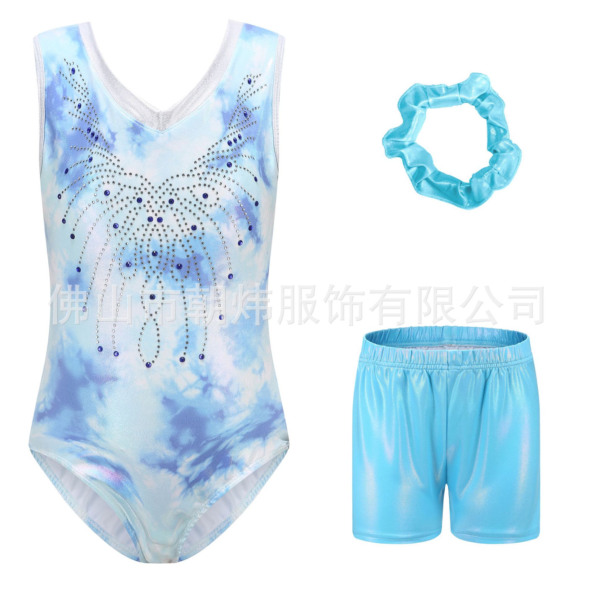 儿童体操服儿童舞蹈服表演服紧身衣烫钻女童练功服短裤头花套装
