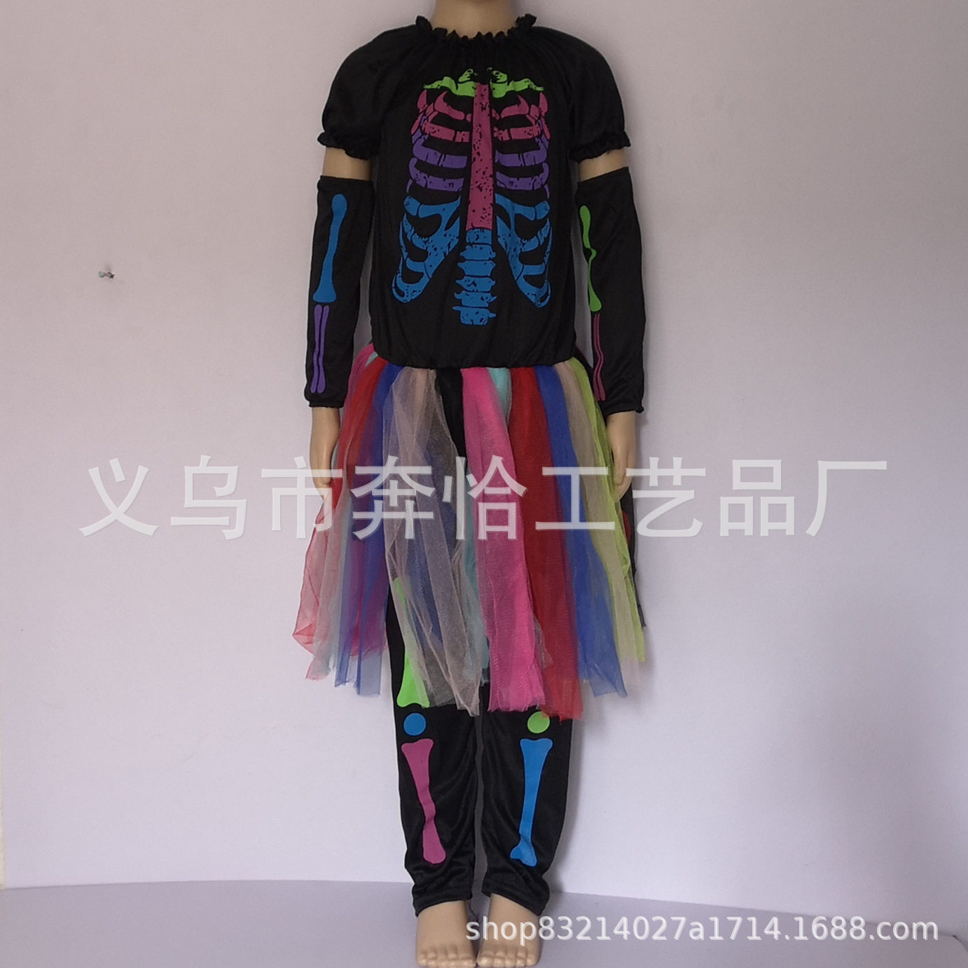 万圣节鬼衣儿童女孩演出服七彩鬼骨女彩虹骷髅骨架裙表演服