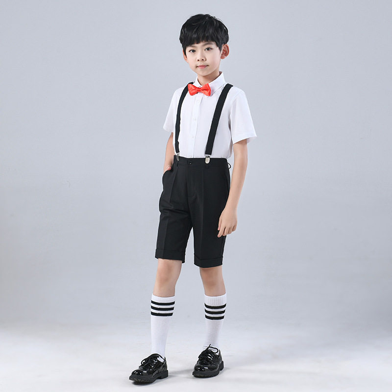 男童礼服儿童表演学生钢琴演出服花童白衬衫黑裤子短袖短裤背带夹