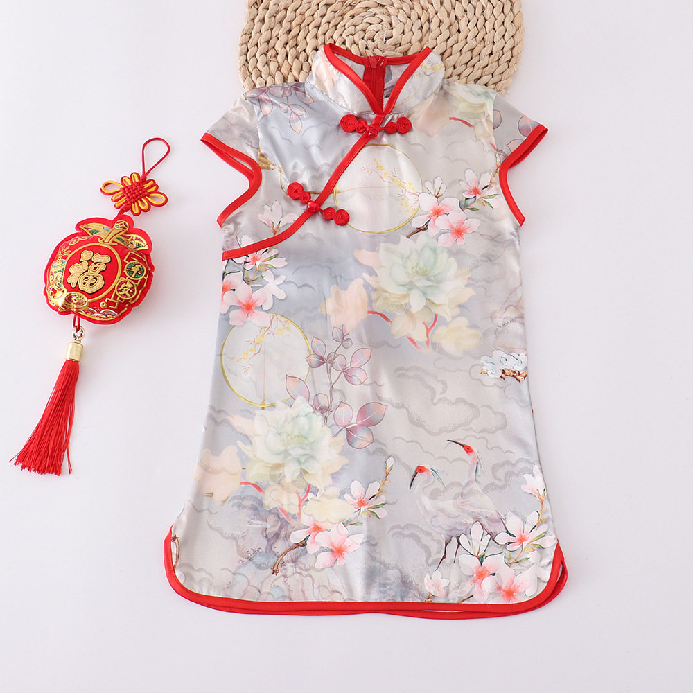 新款儿童旗袍缎面立领中国风演出服女童周岁礼服中小童表演连衣裙