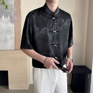立领衬衫 夏季 新中式 男短袖 印花衬衣 冰丝中国风男装 感2024新款