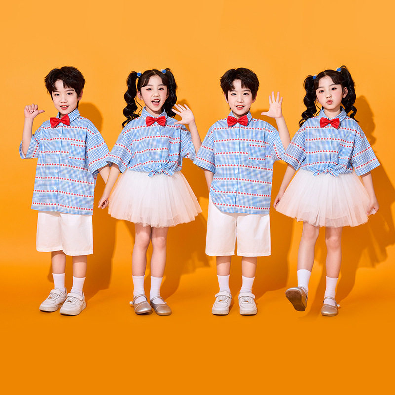 六一儿童演出服合唱服表演小学生运动会啦啦操幼儿园班服格子衬衫