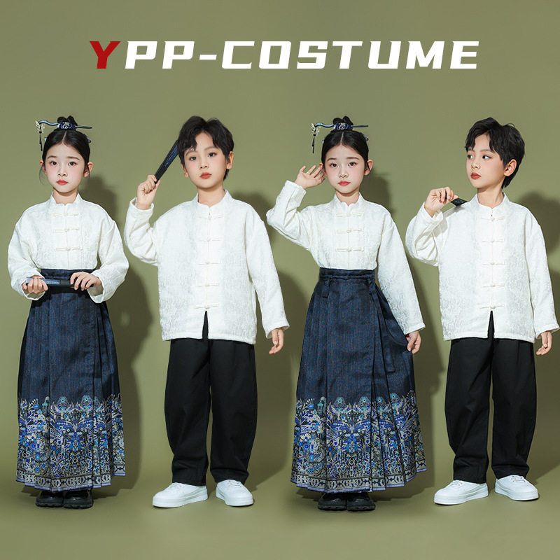 儿童啦啦队演出服中小学生唐装汉服合唱朗诵班服元旦马面裙表演服