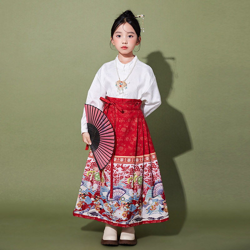 国庆儿童中国风演出服女童红色马面裙大合唱表演汉服男童套装朗诵