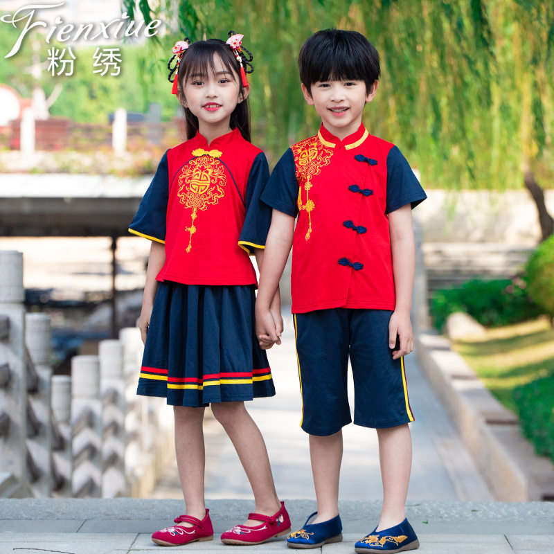 夏季儿童唐装汉服男女童中国风印花幼儿园园服表演服班服定制定做