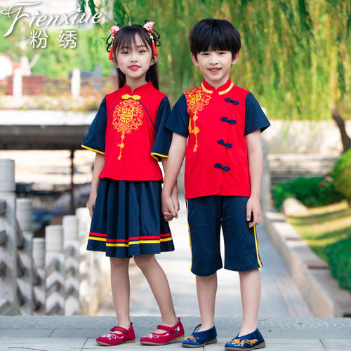 夏季儿童唐装汉服男女童中国风印花幼儿园园服表演服班服定制定做