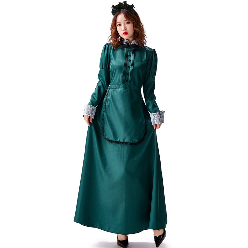 万圣节服装墨绿色高领蕾丝气质女仆女佣长裙 cosplay服送蝙蝠头饰