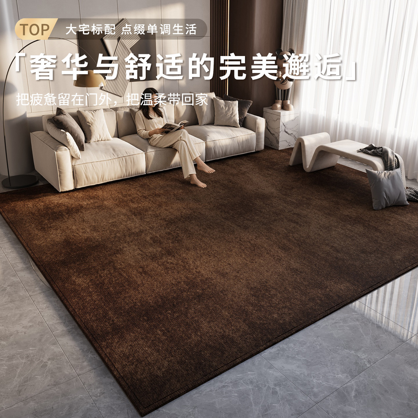 简约地毯客厅沙发茶几毯轻奢高级新款卧室床边毯防水棕色地垫满铺
