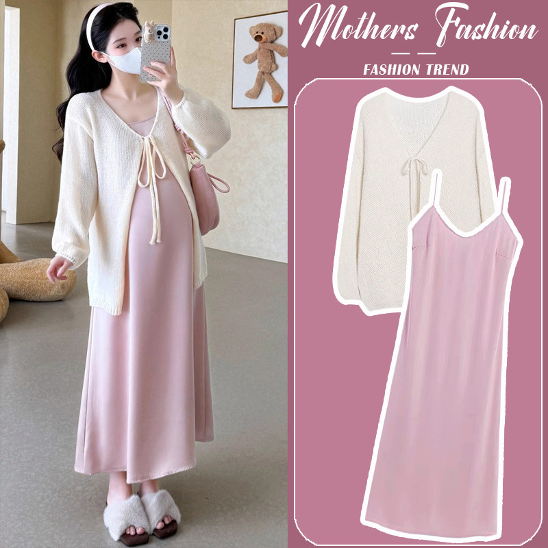 孕妇连衣裙套装春秋2026新款韩版高级感粉色缎面吊带裙开衫两件套,孕妇装/孕产妇用品/营养,连衣裙,淘宝优惠券,粉丝福利购,淘宝优惠卷