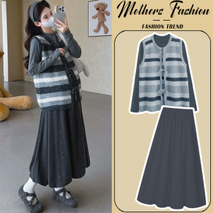 潮妈宽松条纹针织毛衣马甲半身裙三件套 韩版 孕妇套装 秋冬2025新款