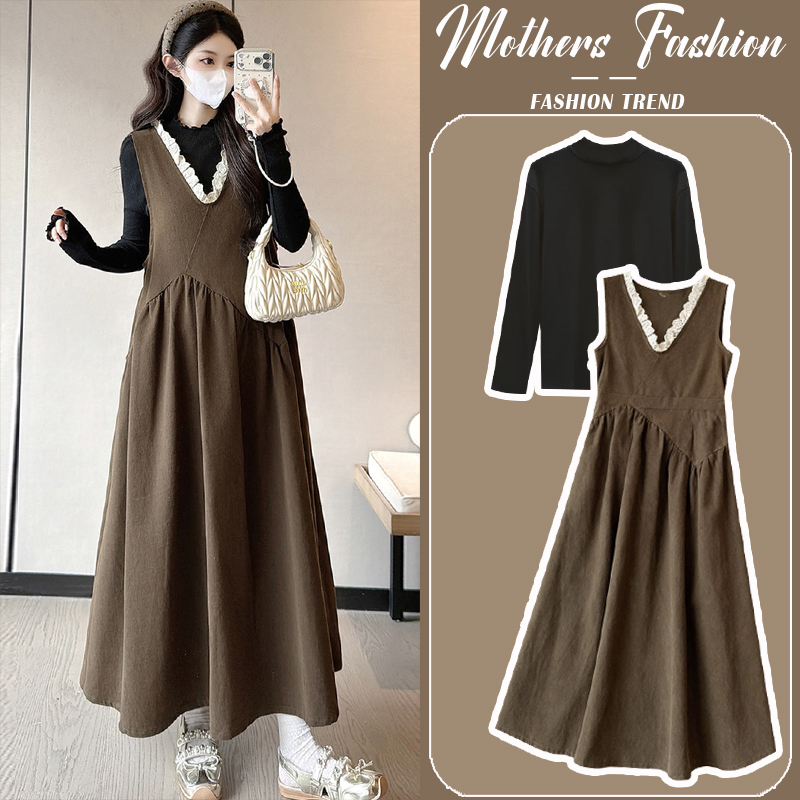 孕妇连衣裙咖啡色套装秋冬2025新