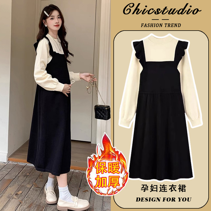 孕妇连衣裙秋冬拼接一件穿到生女