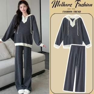 潮妈慵懒风深灰连帽拼接毛衣裤 韩版 子两件套 秋冬2025新款 孕妇套装