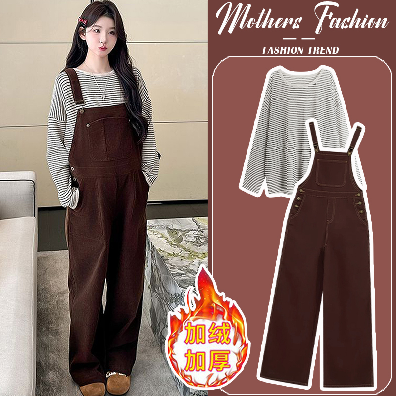 孕妇套装秋冬2025新款灯芯绒布朗棕加绒加厚潮妈背带裤毛衣两件套