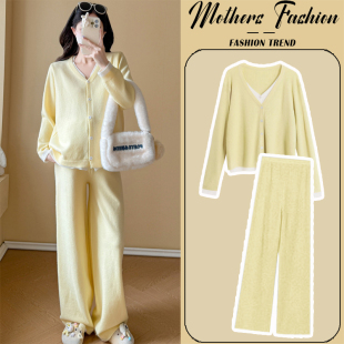 韩版 时尚 小清新毛衣拼接针织上衣两件套 秋冬2025新款 孕妇黄色套装