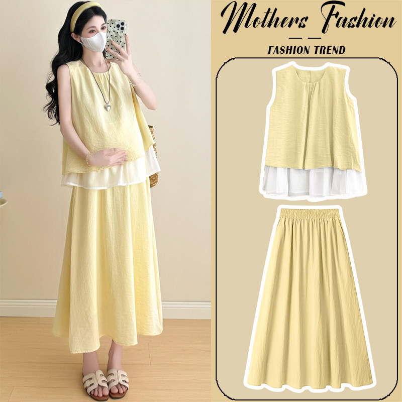孕妇连衣裙套装夏2026新款韩版显瘦黄色无袖上衣半身裙薄款两件套,孕妇装/孕产妇用品/营养,连衣裙,淘宝优惠券,粉丝福利购,淘宝优惠卷