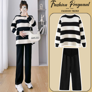 上衣裤 孕妇套装 洋气时髦条纹休闲长袖 时尚 子两件套 春秋2025新款