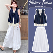 夏季 高级感马甲背心阔腿裤 薄款 藏青色时尚 两件套 2026新款 孕妇套装