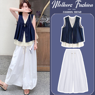 孕妇套装夏季薄款2026新款藏青色时尚高级感马甲背心阔腿裤两件套