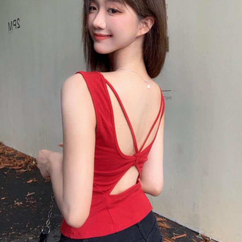 夏季美背心吊带女性感外穿内搭美背交叉修身显瘦带胸垫聚拢一体式
