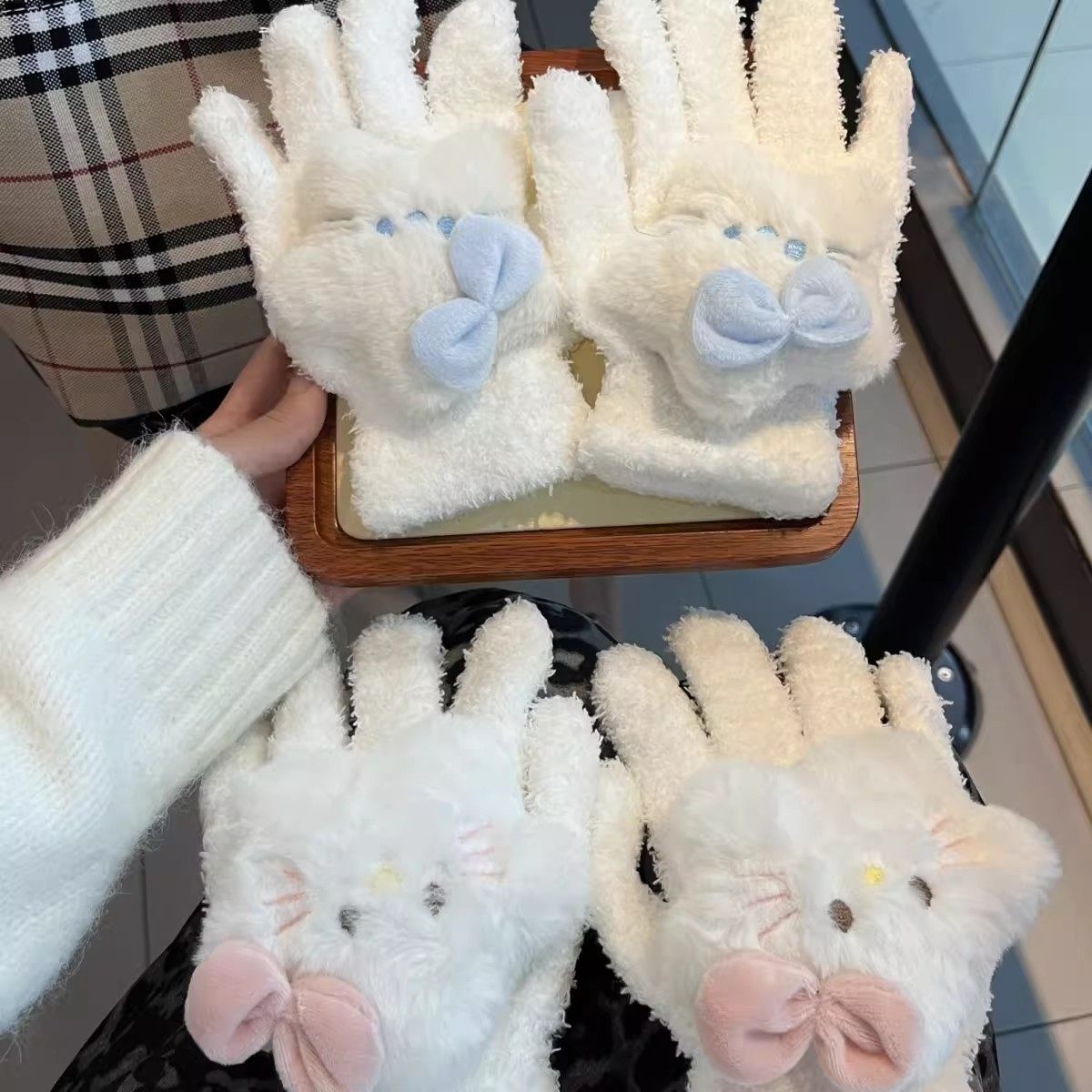 新款蓝色系蝴蝶结星星kt手套冬季保暖甜美可爱卡通学生骑行仿寒